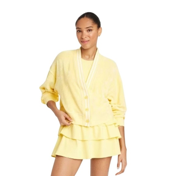 JoyLab Women's Towel Terry Cardigan Midweight Deep V Neck Yellow Size XL New - Picture 1 of 13